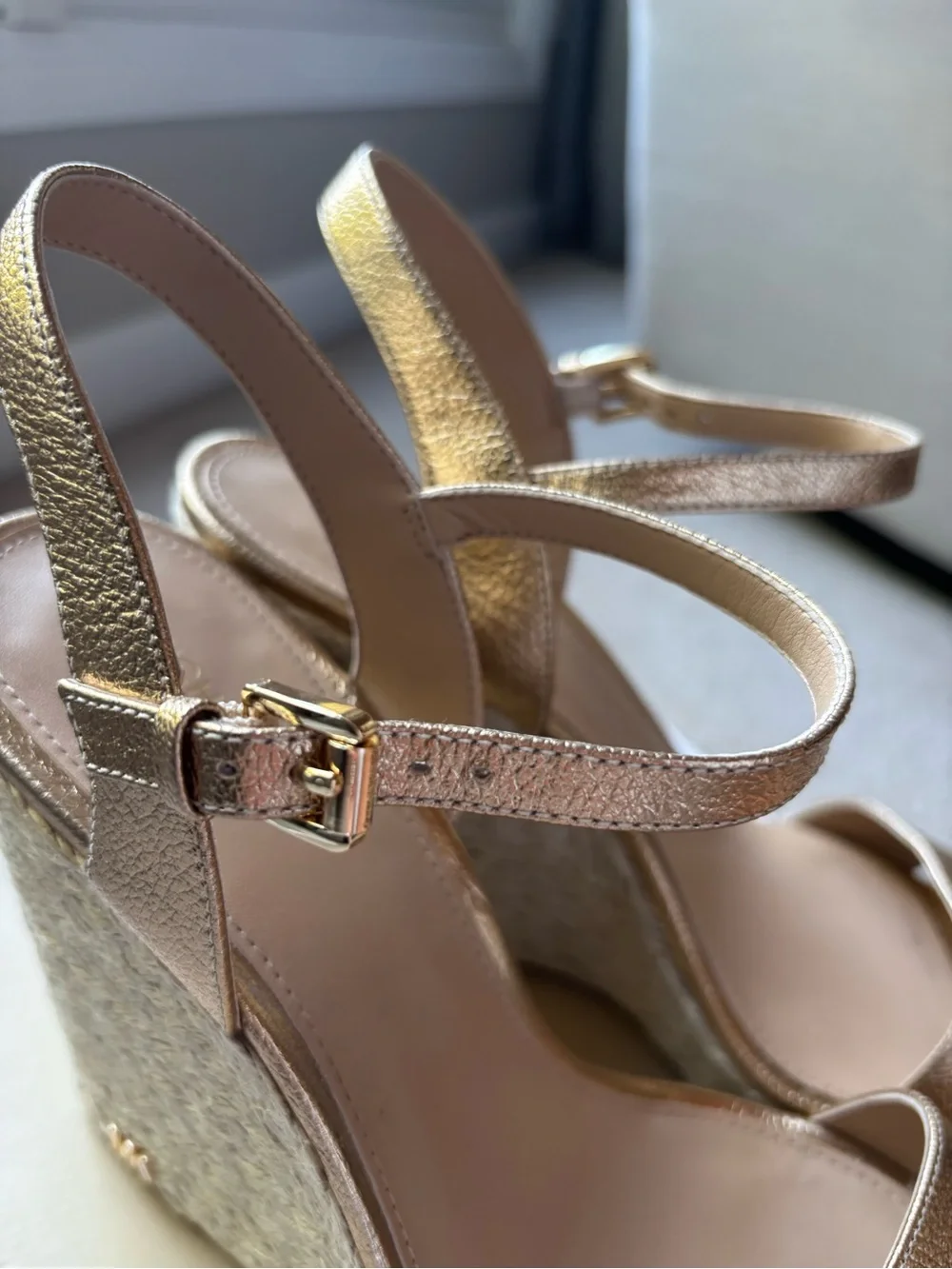 Michael Kors Gold Metallic Espadrille Wedge Sandals with Ankle Strap